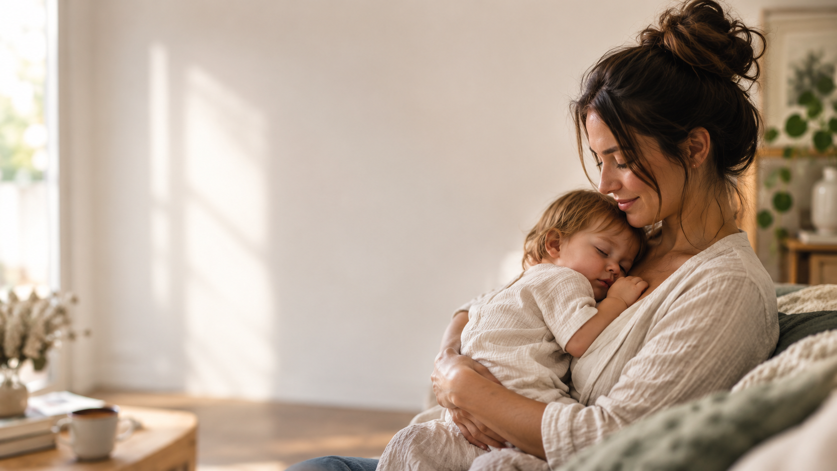 Mère tenant son bébé endormi contre elle dans son salon