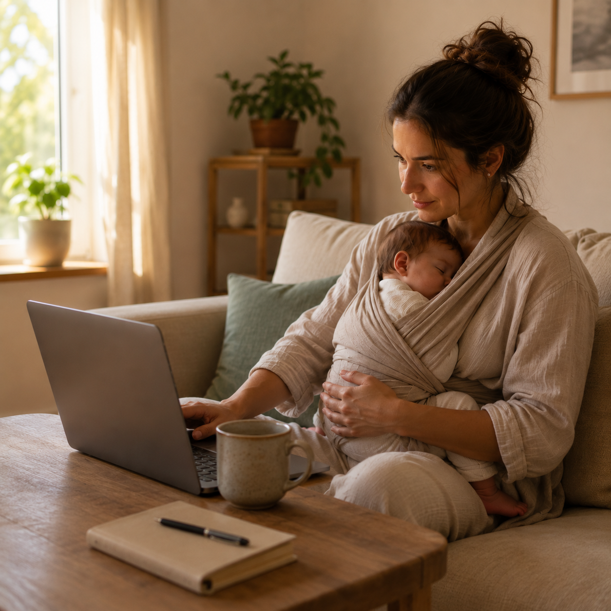 Mère en consultation vidéo avec son bébé dans les bras