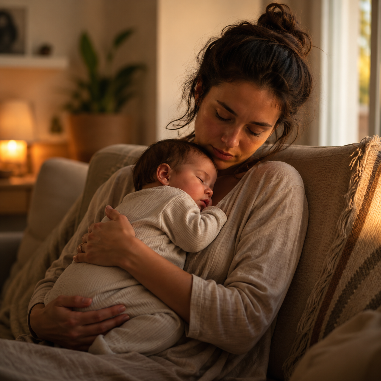 Mère fatiguée avec son bébé dans les bras le soir